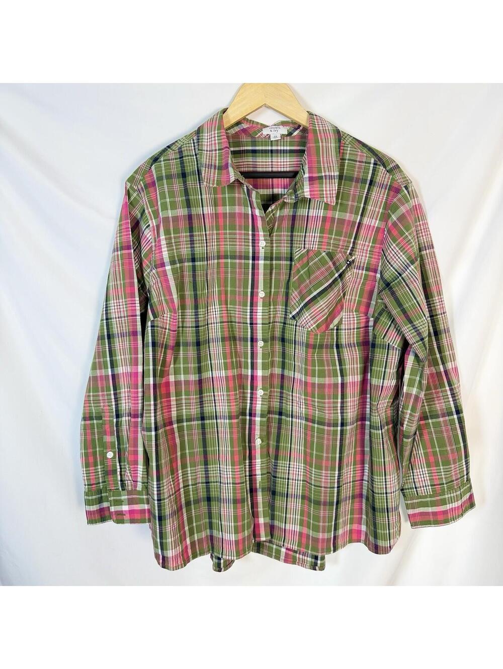 CROWN & IVY PLAID BUTTON DOWN TOP Green Pink Blue 2X Business Oversized